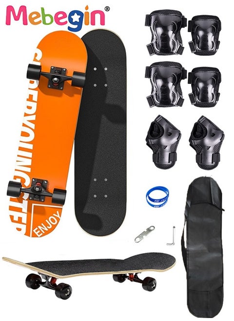 78*20cm Skateboard Set with Storage Bag and 6PCS Protect Gear, 7-ply Maple Deck Skate Board with Durable Deck and Smooth Wheels, Easy to Ride and Stop, Suitable for All Types of People