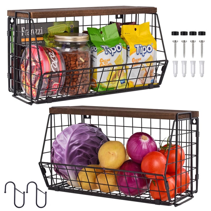 LIGHT DUST Wall Storage Hanging Baskets 2 PACK - Wooden Top Wire Basket Organizers & S Hooks - Assemble Floating Shelf Racks for Pantry Kitchen Office Bathroom Garage Organization (Extra Large) - Image 1