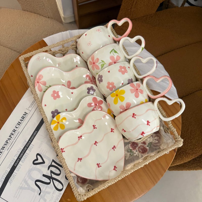 Korean Ins Style Hand-Painted Heart Ceramic Cup And Saucer Hand-Kneaded Asymmetrical Heart-Shaped Coffee Cup And Saucer Afternoon Tea Cup And Saucer - Image 2
