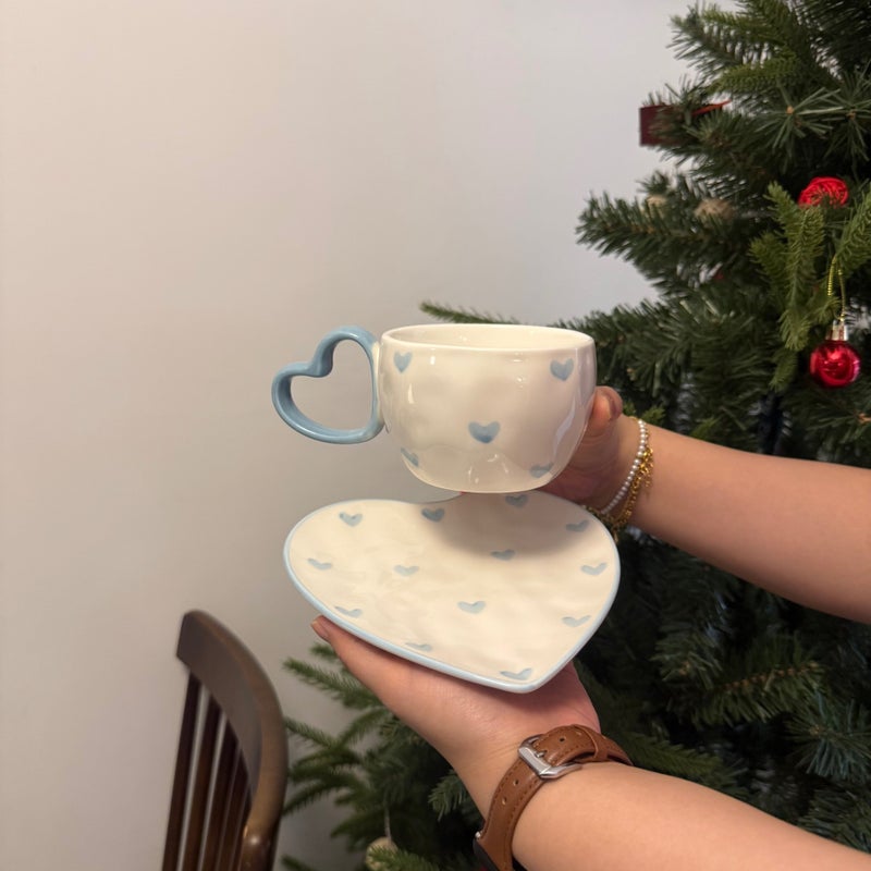 Korean Ins Style Hand-Painted Heart Ceramic Cup And Saucer Hand-Kneaded Asymmetrical Heart-Shaped Coffee Cup And Saucer Afternoon Tea Cup And Saucer - Image 1