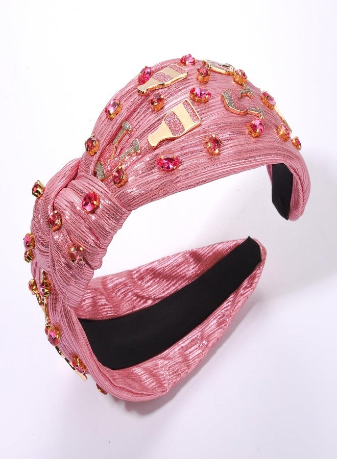 HSWE Crystal Knotted Headband for Women Pink Champagne Glass Rhinestone Jeweled Embellished Wide Top Knot Hairband Funny Gifts for Girls Sister Bff Birthday Bride Holiday Party - Image 2