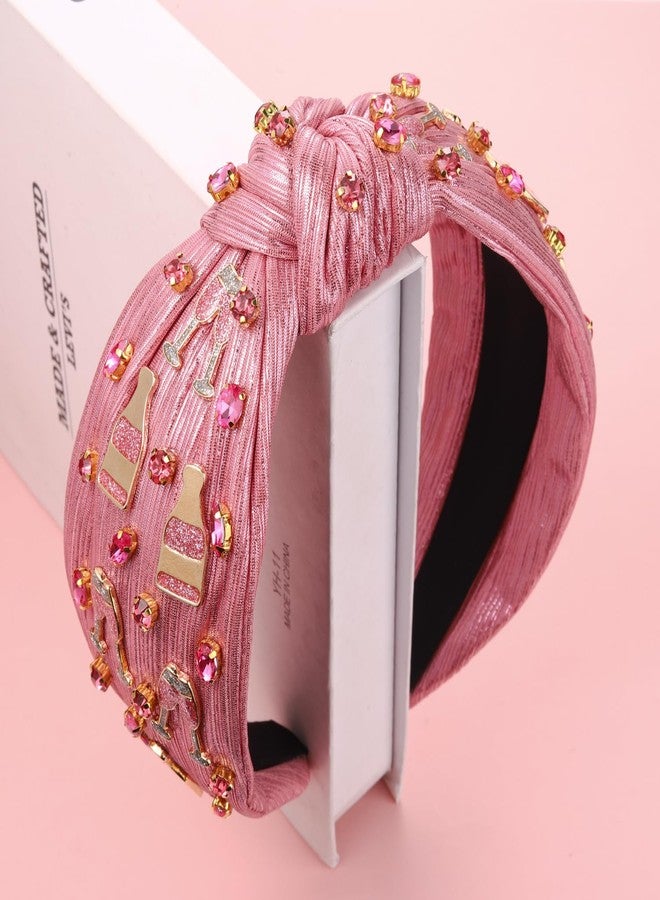 HSWE Crystal Knotted Headband for Women Pink Champagne Glass Rhinestone Jeweled Embellished Wide Top Knot Hairband Funny Gifts for Girls Sister Bff Birthday Bride Holiday Party - Image 3