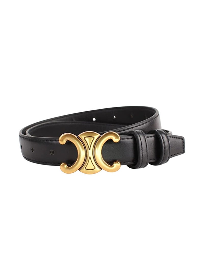 SYOSI - Women's Fashion Leather Thin Belt, Belts for Jeans with Gold Buckle, Double C Buckle Belts for Jeans Dresses Pants, B;ack - Image 1