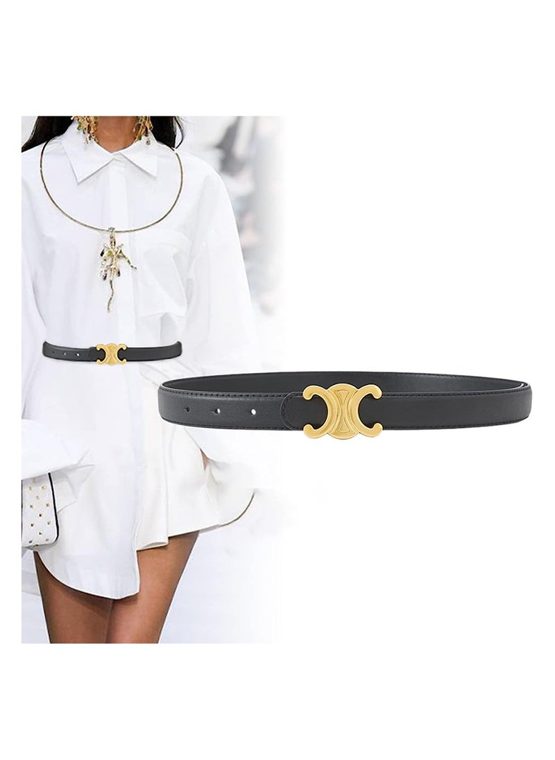 SYOSI - Women's Fashion Leather Thin Belt, Belts for Jeans with Gold Buckle, Double C Buckle Belts for Jeans Dresses Pants, B;ack - Image 1
