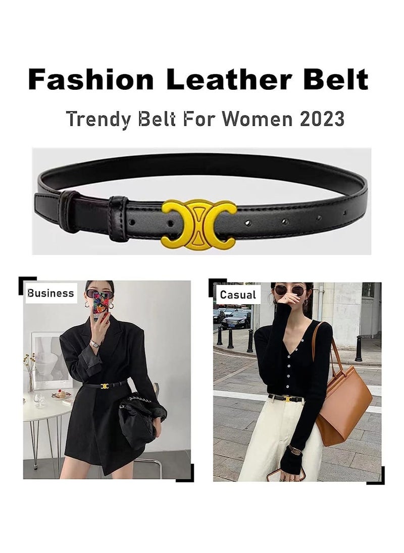 SYOSI - Women's Fashion Leather Thin Belt, Belts for Jeans with Gold Buckle, Double C Buckle Belts for Jeans Dresses Pants, B;ack - Image 1