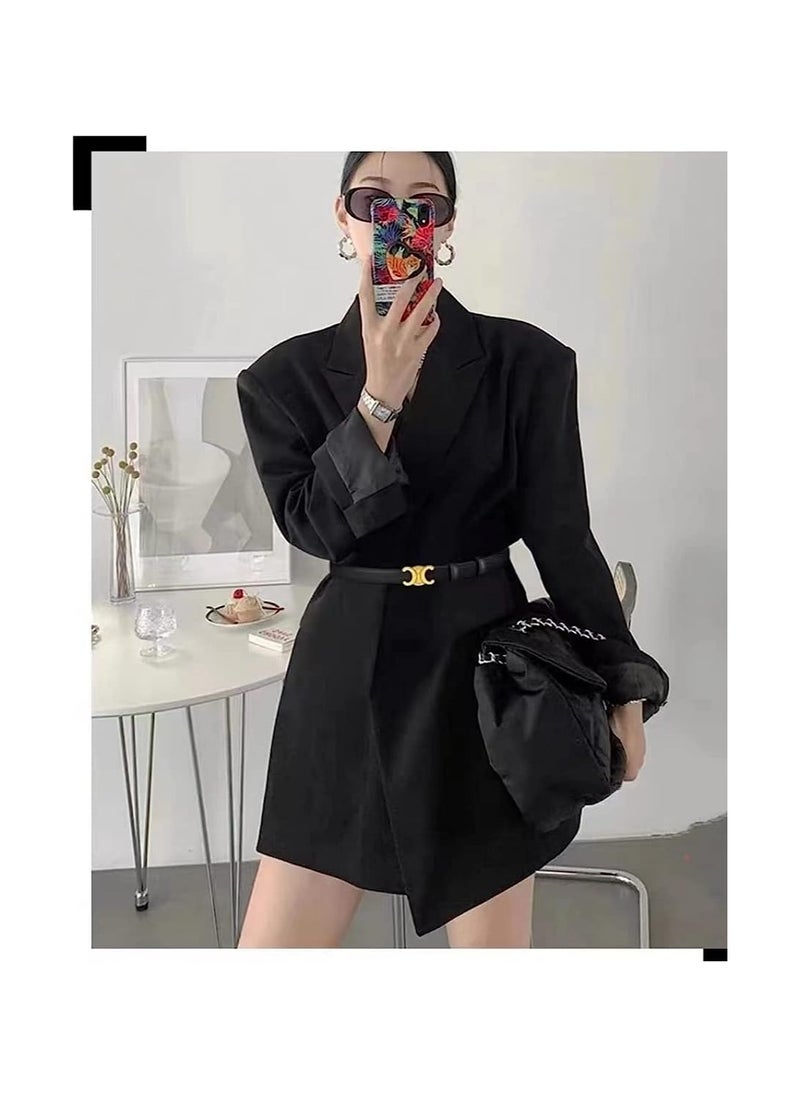 SYOSI - Women's Fashion Leather Thin Belt, Belts for Jeans with Gold Buckle, Double C Buckle Belts for Jeans Dresses Pants, B;ack - Image 1