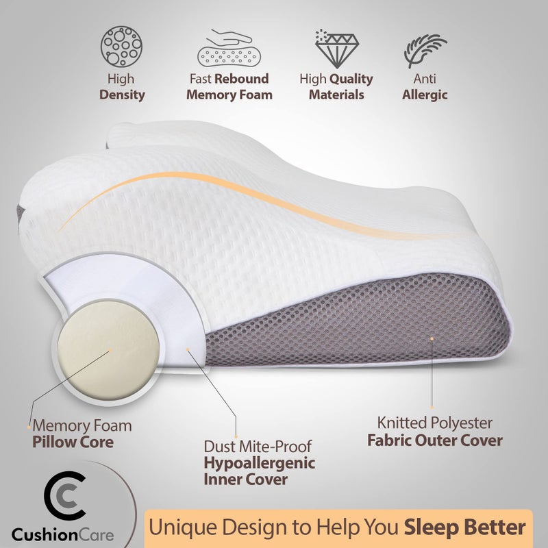 Cushion Care Cervical Memory Foam Pillow for Neck and Shoulder Pain Relief – Ergonomic, Orthopedic Contour Pillow for Side, Back, Stomach Sleepers And Sleeping Support - Free Sleeping Mask  - Image 3