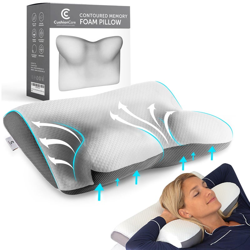 Cushion Care Cervical Memory Foam Pillow for Neck and Shoulder Pain Relief – Ergonomic, Orthopedic Contour Pillow for Side, Back, Stomach Sleepers And Sleeping Support - Free Sleeping Mask  - Image 1