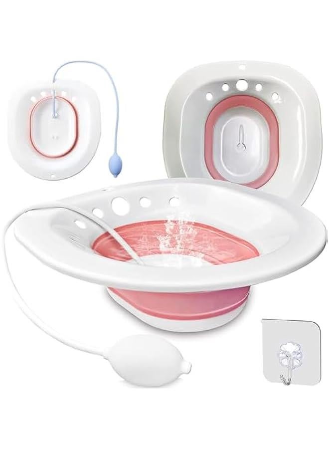 هوكور TRASSLE Sitz Bath, Sitz Bath for Hemorrhoids, Sitz Bath for Toilet Seat, Postpartum Care, Sits Bath Kit for Women, Collapsible, Flusher Hose, Drain Holes, Wider Seating Area (Pink) - Image 1
