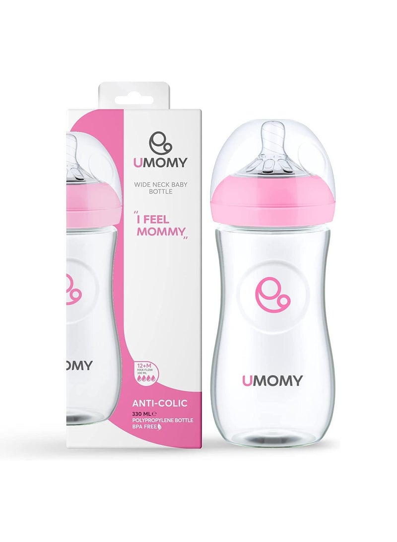 Umomy 12M Baby Bottles for Toddlers, PP Anti-Colic Bottles, Silicone Rubber Teat, Wide Neck Breast-Like Nipple, BPA Free Max Flow, Pink, 330ml  - Image 1