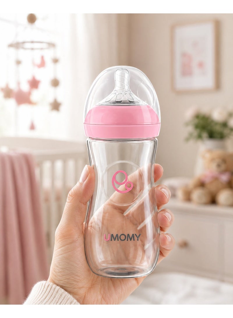 Umomy زجاجات الرضاعة للأطفال حديثي الولادة، زجاجات الرضاعة المصنوعة من مادة البولي بروبيلين المضادة للمغص، حلمة مطاطية من السيليكون، حلمة واسعة تشبه الثدي، زجاجة رضاعة طبيعية بطيئة التدفق للأطفال الصغار، 330 مل، وردي - Image 5