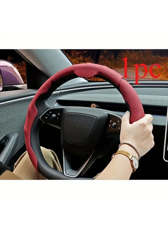 Quick Install Burgundy Perforated Nappa Leather Steering Wheel Cover with Black Stripe Universal Fit - Image 1