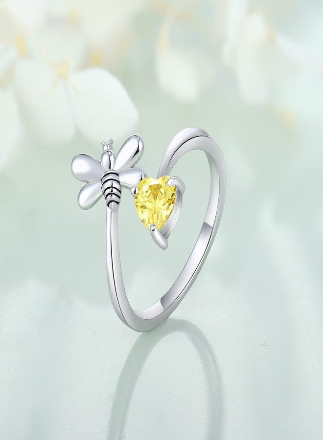 FJ Bee Ring 925 Sterling Silver Citrine Ring Adjustable Open Ring November Birthstone Jewelry for Women Size 6 - Image 3