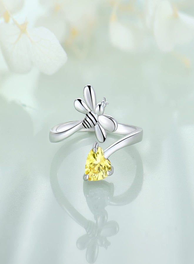 FJ Bee Ring 925 Sterling Silver Citrine Ring Adjustable Open Ring November Birthstone Jewelry for Women Size 6 - Image 2