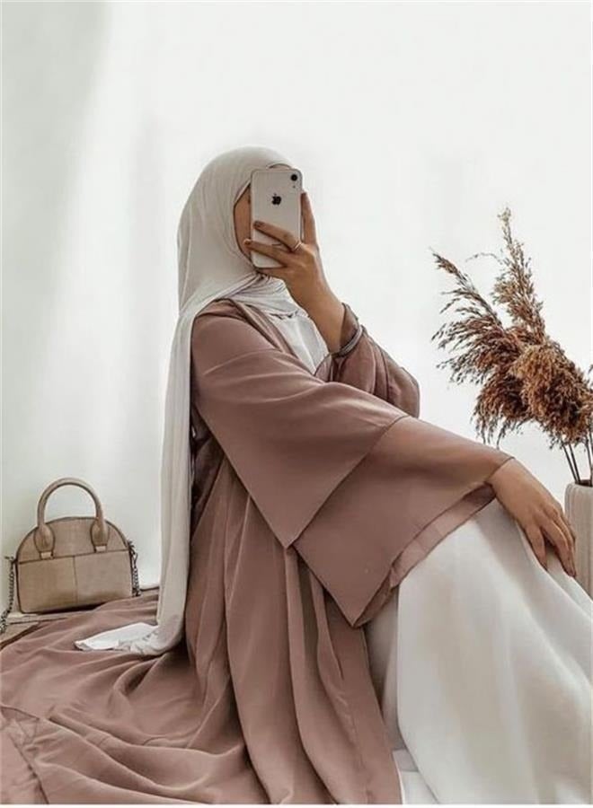 Women Solid Color Double Layered Chiffon Muslim Abaya Dress for Women's Daily Commuting Banquet Formal Occasion Cardigan Robe Paired With Same Color Buckle Belt Khaki (excluding matching dress) - Image 4