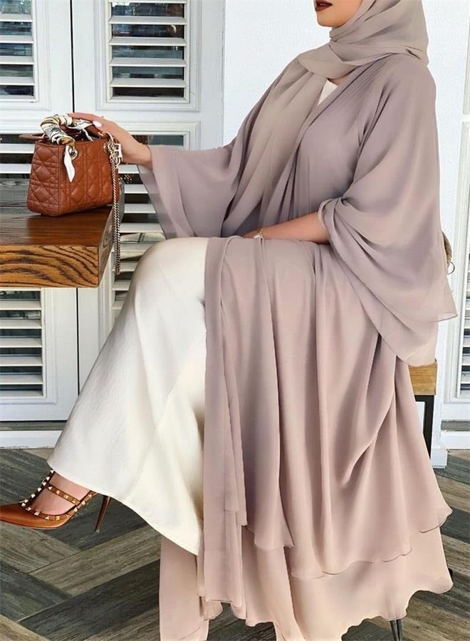 Women Solid Color Double Layered Chiffon Muslim Abaya Dress for Women's Daily Commuting Banquet Formal Occasion Cardigan Robe Paired With Same Color Buckle Belt Khaki (excluding matching dress) - Image 1