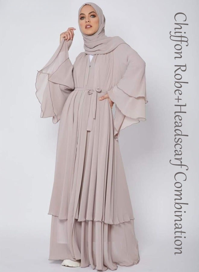 Women Solid Color Double Layered Chiffon Muslim Abaya Dress for Women's Daily Commuting Banquet Formal Occasion Cardigan Robe Paired With Same Color Buckle Belt Khaki (excluding matching dress) - Image 2