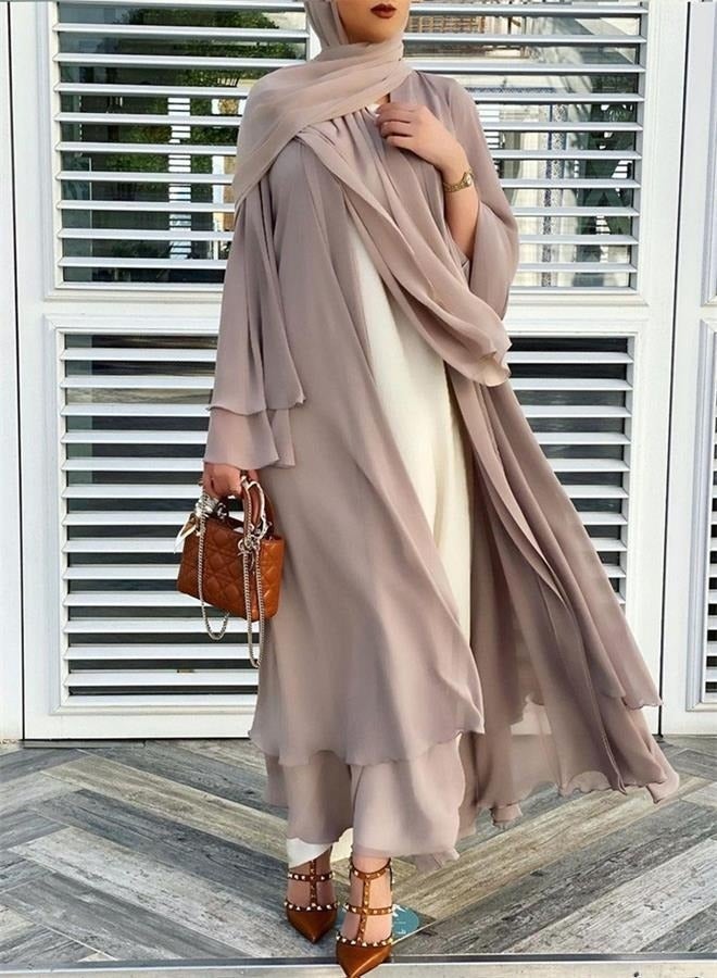 Women Solid Color Double Layered Chiffon Muslim Abaya Dress for Women's Daily Commuting Banquet Formal Occasion Cardigan Robe Paired With Same Color Buckle Belt Khaki (excluding matching dress) - Image 5