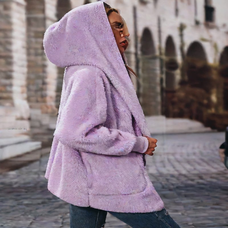 Fleece Lined Long Sleeve Hooded Open Front Cardigan Casual Loose Fit Mid Length Women's Sweater - Image 4