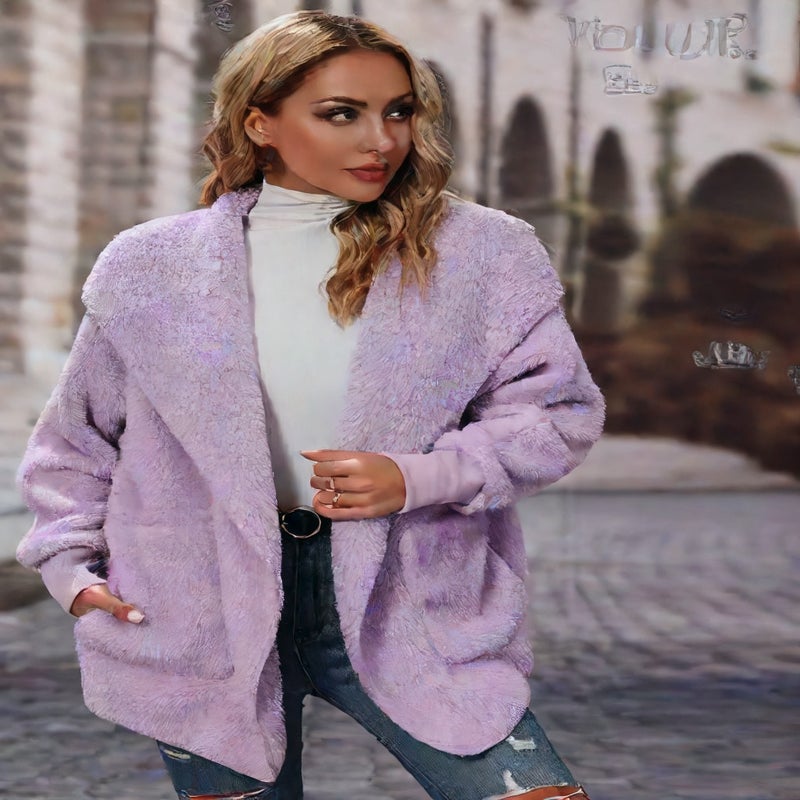 Fleece Lined Long Sleeve Hooded Open Front Cardigan Casual Loose Fit Mid Length Women's Sweater - Image 2