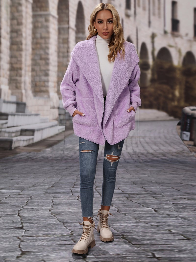 Fleece Lined Long Sleeve Hooded Open Front Cardigan Casual Loose Fit Mid Length Women's Sweater - Image 3