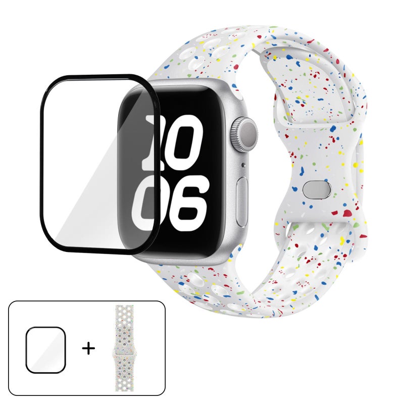For Apple Watch Series 10 46mm Butterfly Buckle Color Dot Silicone Watch Band with 3D Curved Film(White Gold)