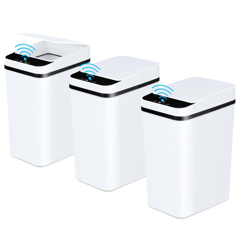 Bathroom Automatic Trash Can 3 Pack 22 Gallon Motion Sensor Touchless Small Slim Garbage Can with Lid Smart Electric Narrow Garbage Bin for Bedroom Living Room Office Kitchen White