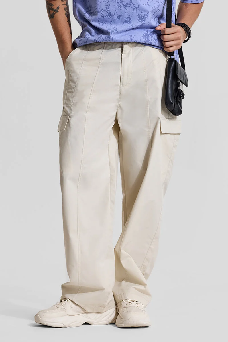 SNITCH Cream Solid Loose Fit Streetwear Cargo