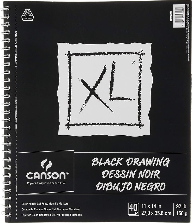 Canson XL Series Drawing Paper Black Wirebound Pad 11x14 inches 40 Sheets 92lb150g  Artist Paper for Adults and Students  Colored Pencil Ink Pastel Marker - Image 1