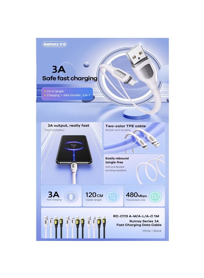 ريماكس كابل بيانات شحن USB إلى Micro من سلسلة Ruinay RC-C113، بطول 1 متر، USB C، شحن سريع 3 أمبير، أبيض - Image 2