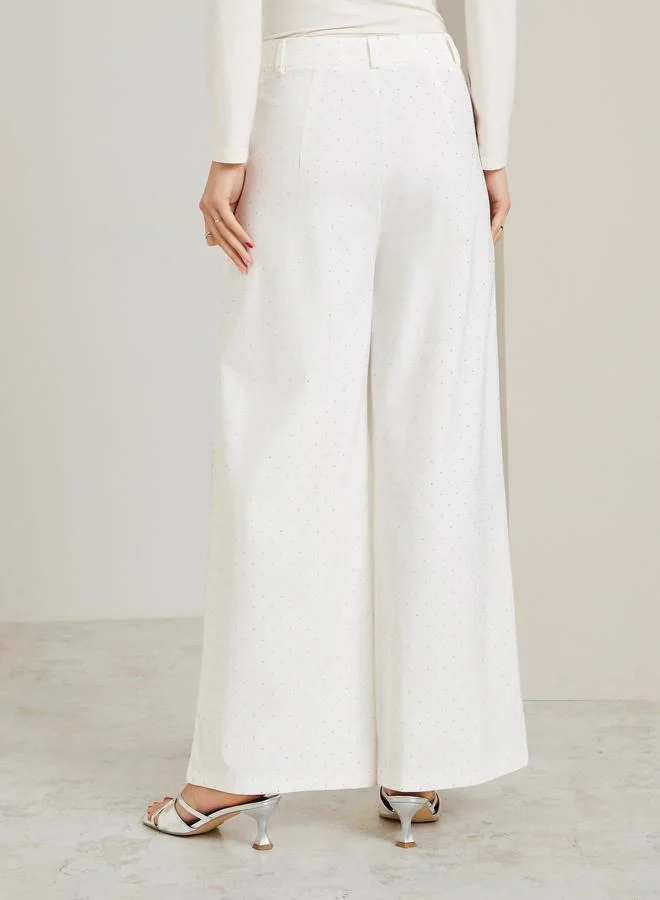 Styli Off White Off White Embellished Wide Leg Formal Pants for Women | Best Price UAE