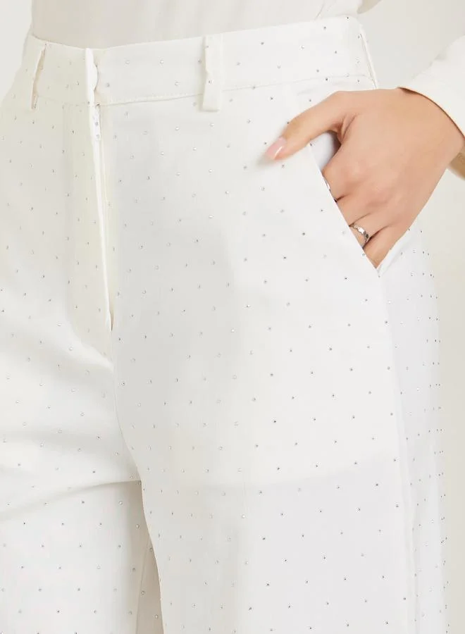 Styli Off White Off White Embellished Wide Leg Formal Pants for Women | Best Price UAE