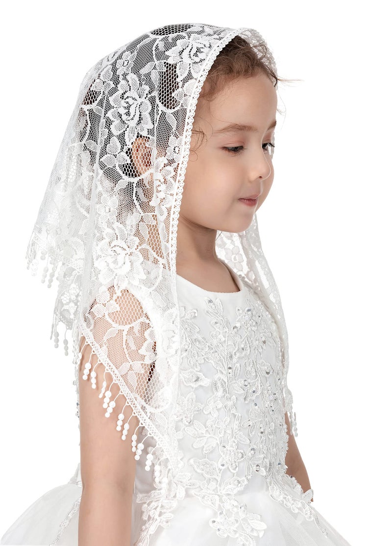 PAMOR Triangle First Communion Veils for Girls Lace Chapel Veil Mantilla Veils Latin Mass Church Veil for Catholic Baptism (White C) - Image 1