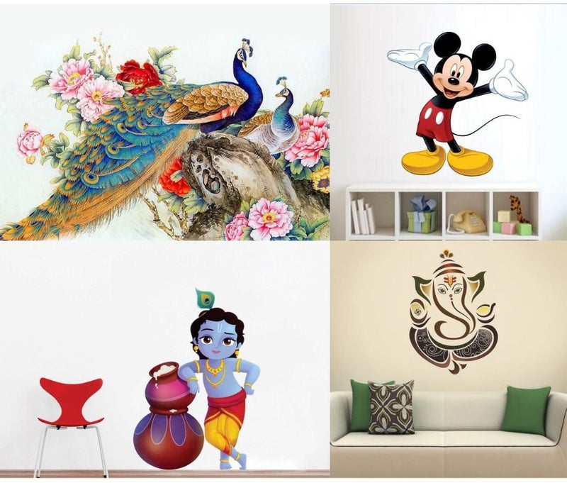 Eja Art Combo of 4 Wall Sticker Royal Peacock-(50 X 60 Cms) | Cute Mickey Mouse-(51 X 50 Cms) | Cute Bal Krishna Makhan Chor-(60 X 40 Cms) | Royal Ganesh-(50 X 45 Cms) - Matrial Vinyl - Image 1
