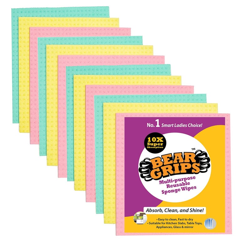 BEAR GRIPS resuable and Washable Sponge Wipes with Super absorbant Biodegradable Cellulose Material for Kitchen and Home Cleaning Multicolored Pack of 12 - Image 1