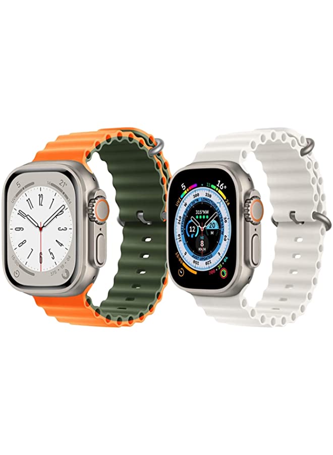 vesus Silicone Ocean Band Strap for Apple Watch Ultra 8 49mm Orange/Green Double Side Strap with White Single Color Strap Set of 2
