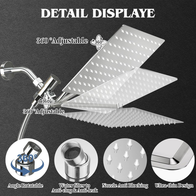 Nottia 12 Inch Shower Head, Rain Shower Head with Adustable Extension Arm, Detachable Silver Rina Shower Head with Handheld Spray, High Pressure Shower Hose with Holder in Bathroom(Silver) - Image 5