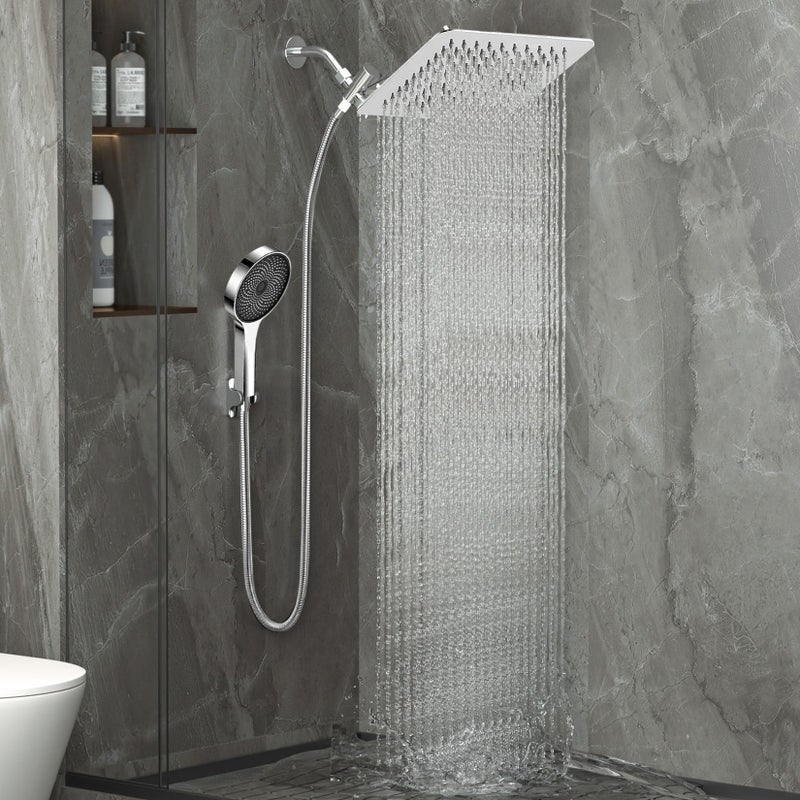 Nottia 12 Inch Shower Head, Rain Shower Head with Adustable Extension Arm, Detachable Silver Rina Shower Head with Handheld Spray, High Pressure Shower Hose with Holder in Bathroom(Silver) - Image 1