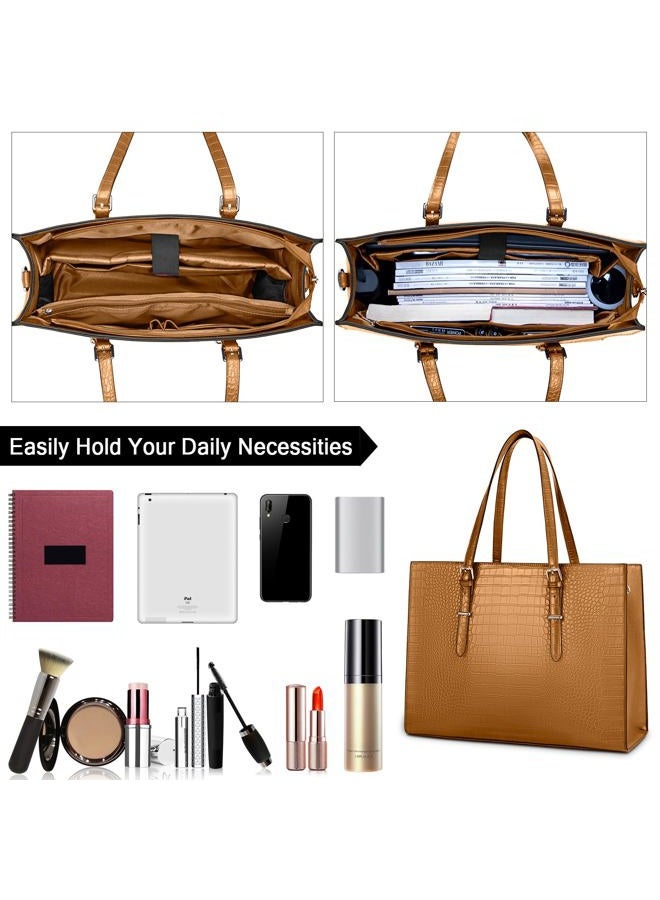 Lubardy Laptop Bag for Women 15.6 inch Laptop Tote Bag Leather Classy Computer Briefcase for Work Waterproof Handbag Professional Shoulder Bag Women Business Office Bag Large Capacity Brown - Image 3