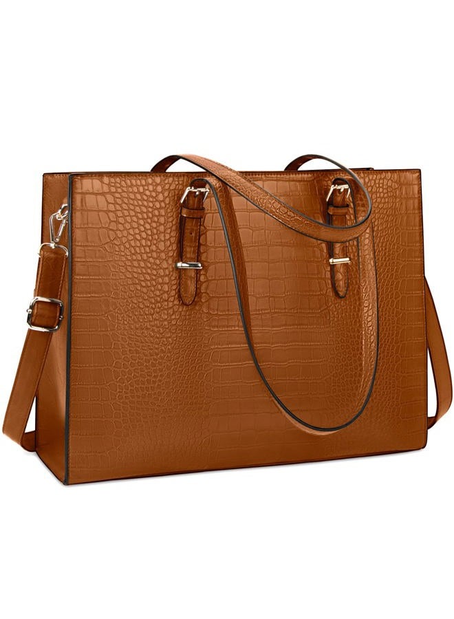 Lubardy Laptop Bag for Women 15.6 inch Laptop Tote Bag Leather Classy Computer Briefcase for Work Waterproof Handbag Professional Shoulder Bag Women Business Office Bag Large Capacity Brown - Image 1