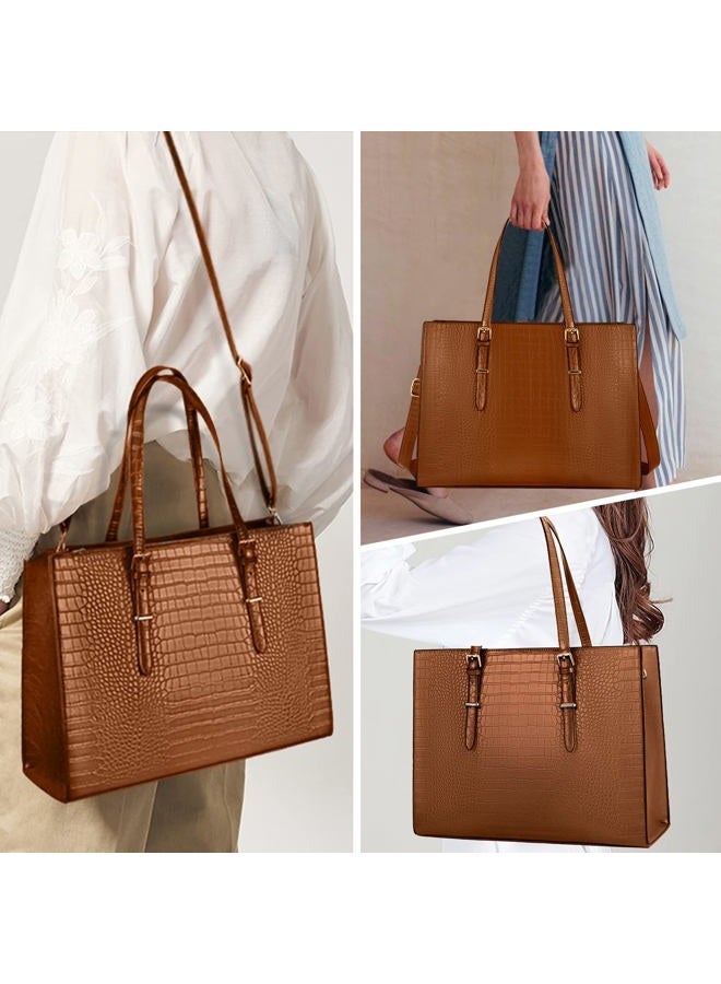 Lubardy Laptop Bag for Women 15.6 inch Laptop Tote Bag Leather Classy Computer Briefcase for Work Waterproof Handbag Professional Shoulder Bag Women Business Office Bag Large Capacity Brown - Image 2