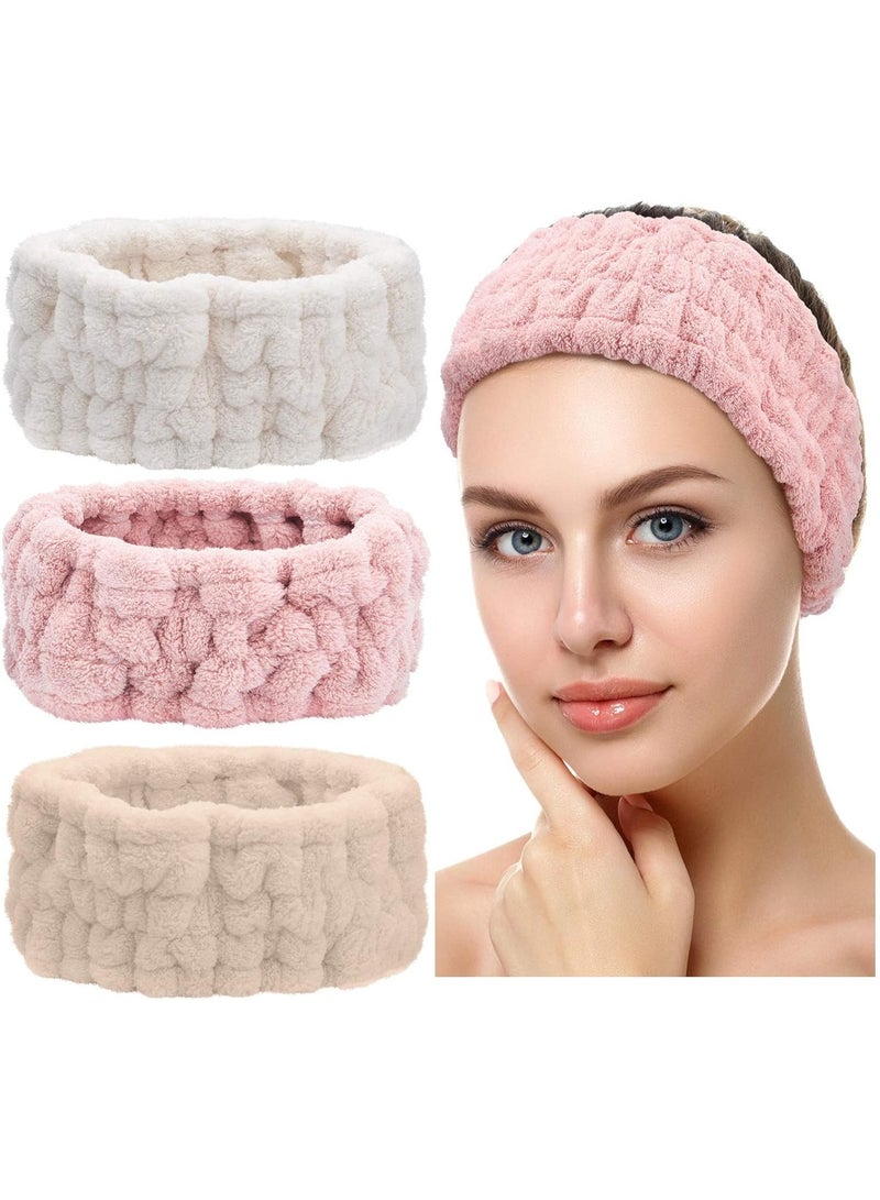 3-Piece Soft Terry Cloth Facial Headband for Women, Stretchy Spa Hairbands, for Makeup, Face Washing, Mask Application, Skincare Routine, Shower Use (Pink, White, khaki) - Image 1