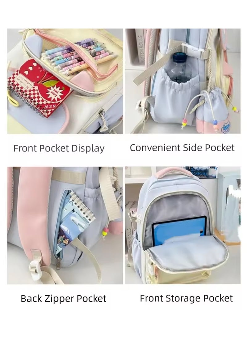 School Bag,Large Capacity School Bag for Girls – Trendy Color Matching Backpack with Transparent Pocket, Smooth Zippers & Comfortable Handle – Stylish Cartoon Design, Multi-Compartment Student Bookbag for School, Travel, Daily Use– Comes with Bonus Pen Pouch(Blue)  - Image 3