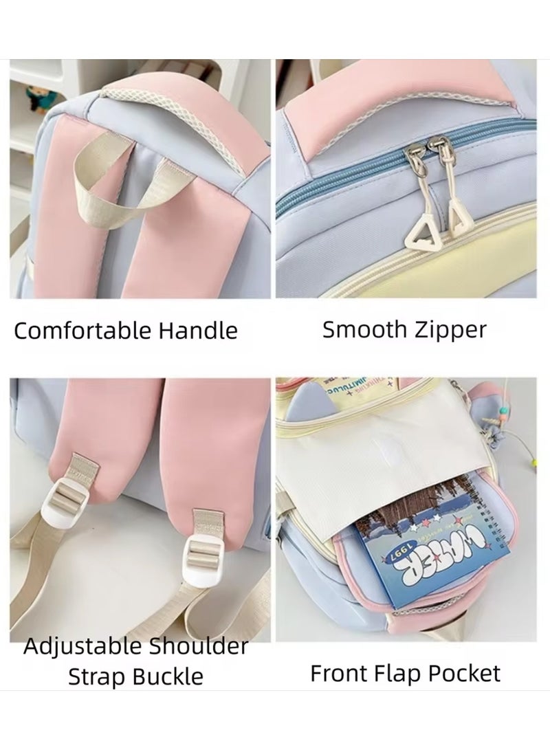 School Bag,Large Capacity School Bag for Girls – Trendy Color Matching Backpack with Transparent Pocket, Smooth Zippers & Comfortable Handle – Stylish Cartoon Design, Multi-Compartment Student Bookbag for School, Travel, Daily Use– Comes with Bonus Pen Pouch(Blue)  - Image 4