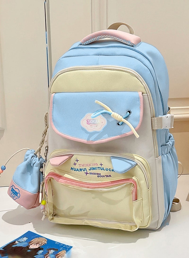 School Bag,Large Capacity School Bag for Girls – Trendy Color Matching Backpack with Transparent Pocket, Smooth Zippers & Comfortable Handle – Stylish Cartoon Design, Multi-Compartment Student Bookbag for School, Travel, Daily Use– Comes with Bonus Pen Pouch(Blue)  - Image 1