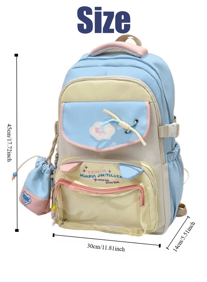 School Bag,Large Capacity School Bag for Girls – Trendy Color Matching Backpack with Transparent Pocket, Smooth Zippers & Comfortable Handle – Stylish Cartoon Design, Multi-Compartment Student Bookbag for School, Travel, Daily Use– Comes with Bonus Pen Pouch(Blue)  - Image 2