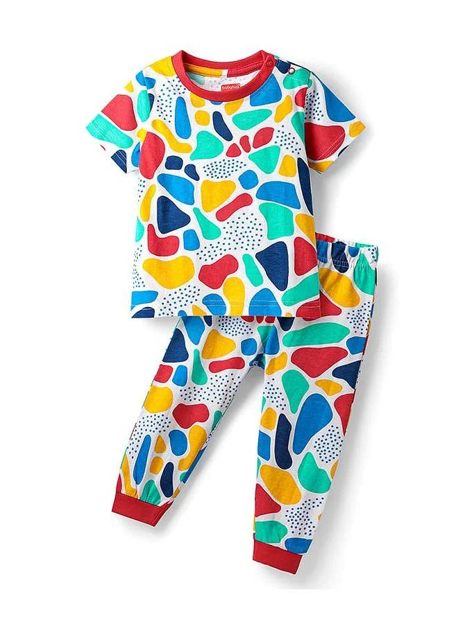 Babyhug Babyhug Cotton Knit Half Sleeves Co-ords Night Suit With Abstract Print - Multicolour