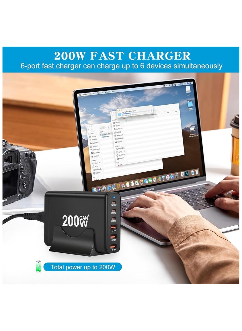Captaintech 200W USB C Charger Block Multiple Ports, GaN III USB Charging Station 6 Ports Hub, Multi Port for Laptop MacBook iPad iPhone 15 Galaxy Google Pixel Motorola Dell AirPods Switch - Image 2