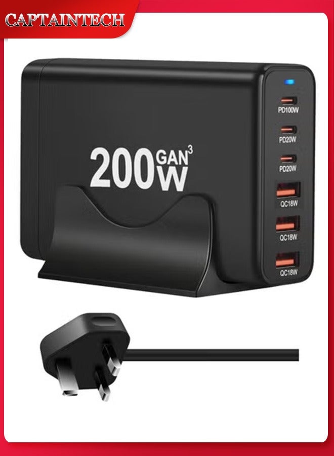 Captaintech 200W USB C Charger Block Multiple Ports, GaN III USB Charging Station 6 Ports Hub, Multi Port for Laptop MacBook iPad iPhone 15 Galaxy Google Pixel Motorola Dell AirPods Switch - Image 1