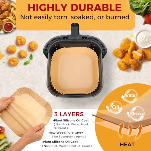ctizne Air Fryer Liners Disposable - 300Pcs 8In Square Parchment Paper for Air Fryer Non-Stick Airfryer Basket Liners for Steamer Microwave Oven - Image 3
